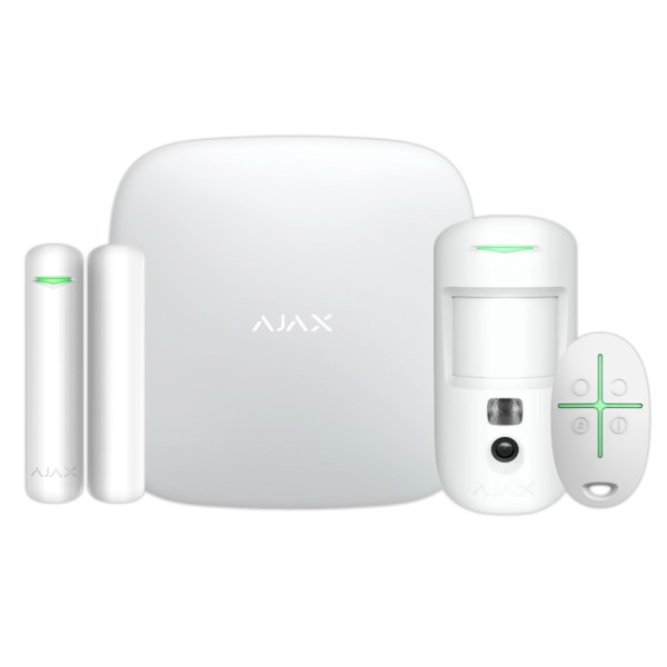 Комплект охоронної сигналізації Ajax StarterKit Cam Plus (централь, датчик руху, датчик відкриття дверей, брелок управління), білий