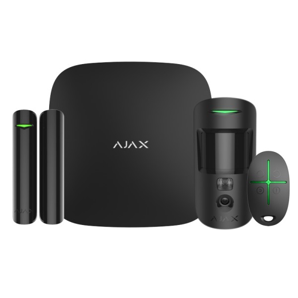 Комплект охоронної сигналізації Ajax StarterKit Cam Plus (централь, датчик руху, датчик відкриття дверей, брелок управління), чорний